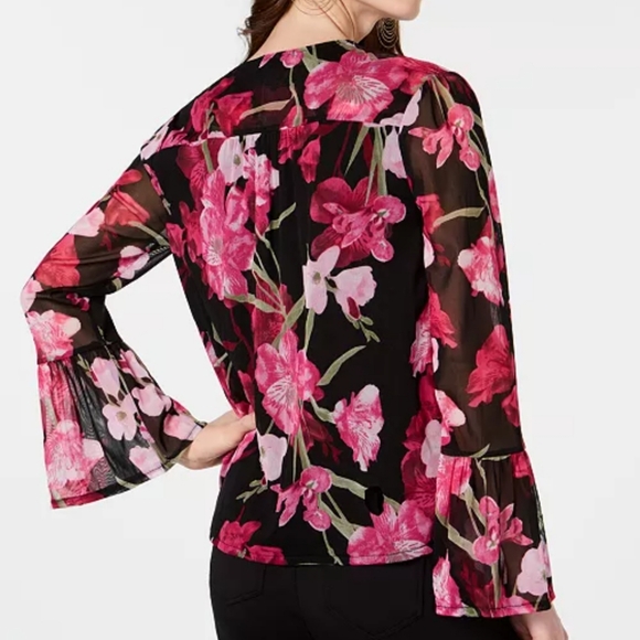 International Concepts Women's Large Femme Blooming Iris Blouse Black Pink - Picture 7 of 12